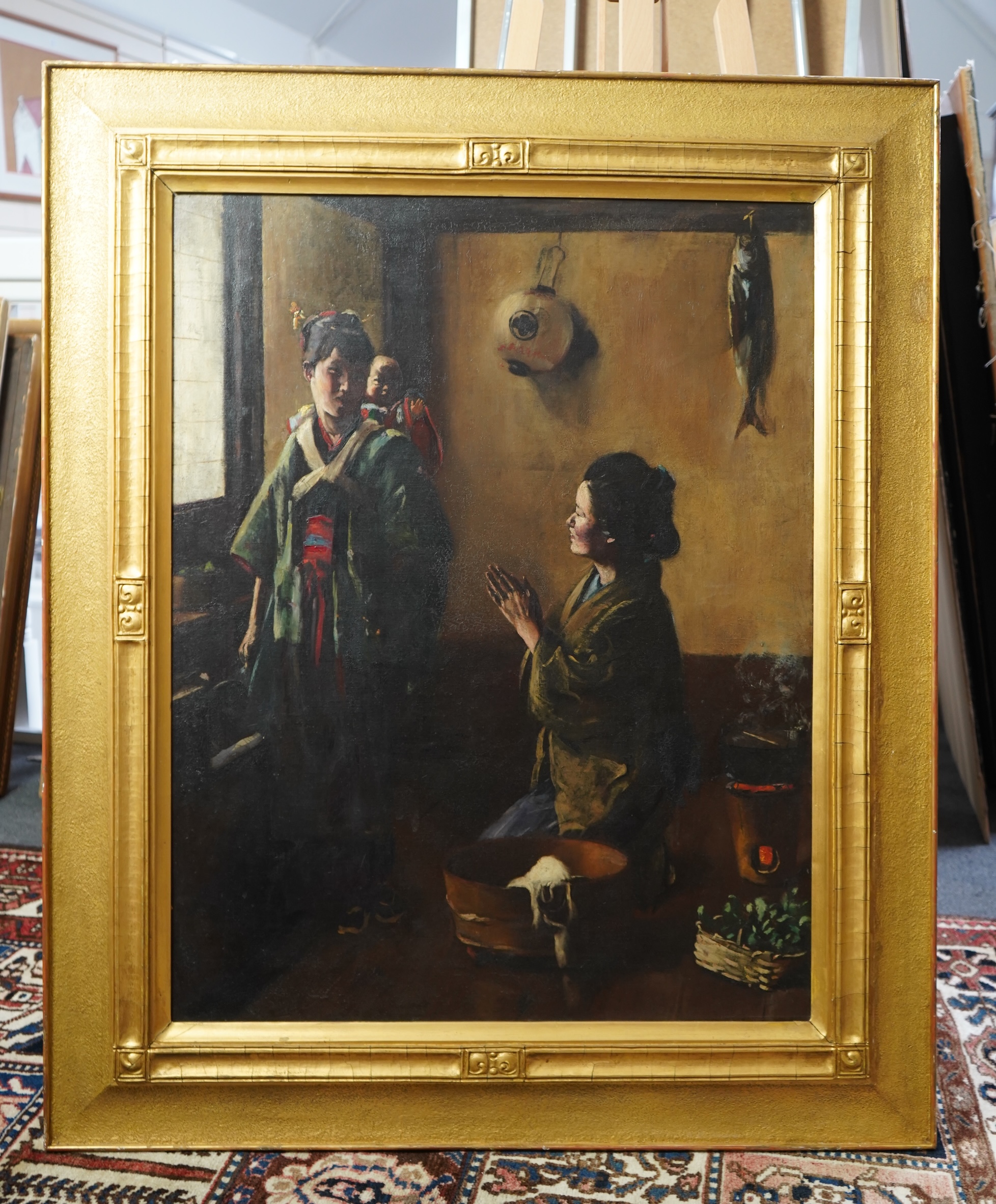 Attributed to Goseda Yoshimatsu, Japanese 1855-1915, A kneeling woman greeting a mother and child in an interior